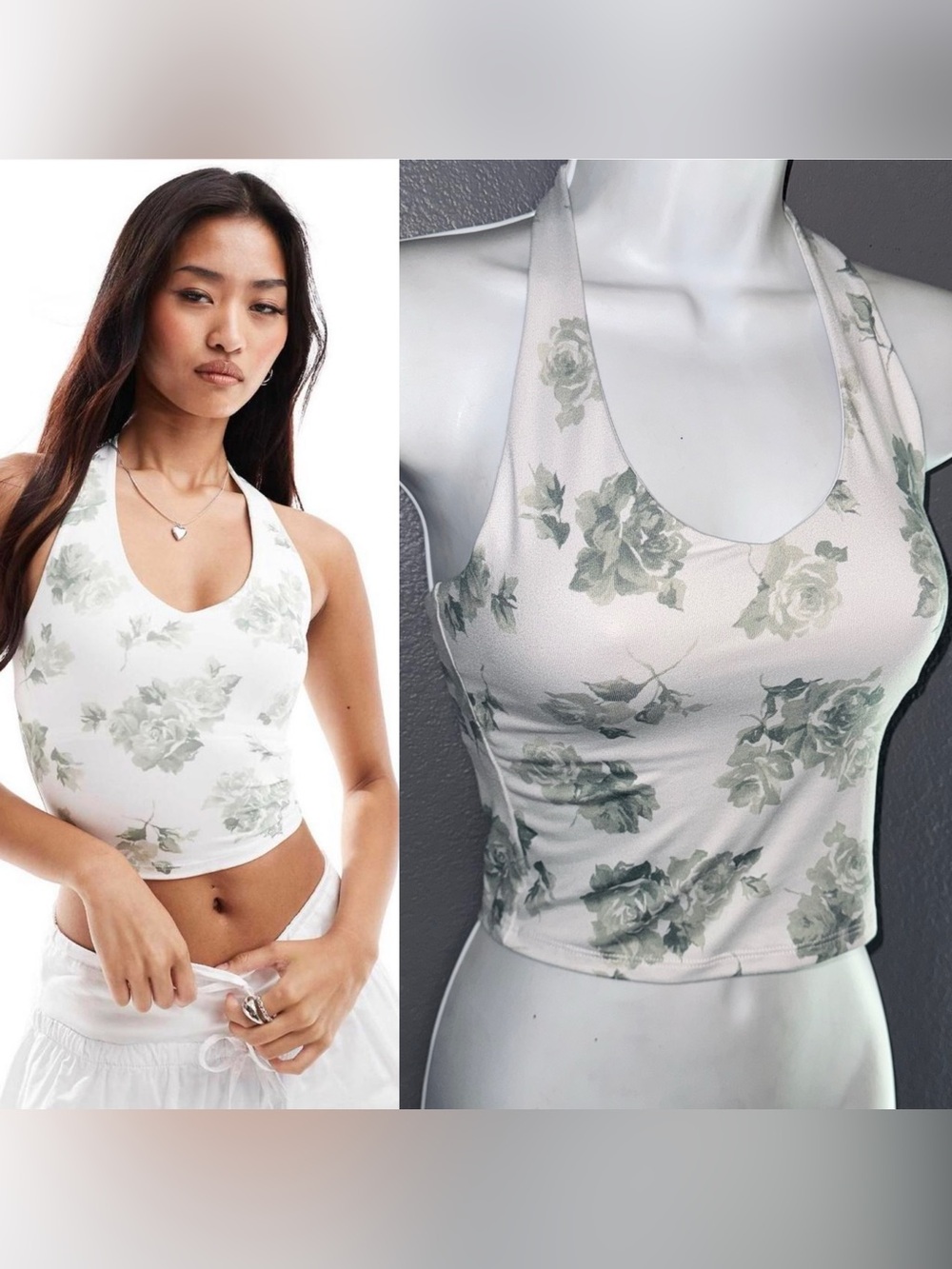 Hollister Womens White & Green Floral Crop Top Halter Tank size Small
